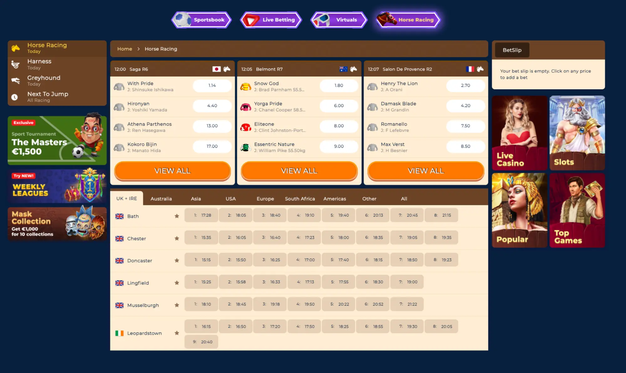 Horse racing betting interface with live race options Horse racing betting page with live odds and race listings